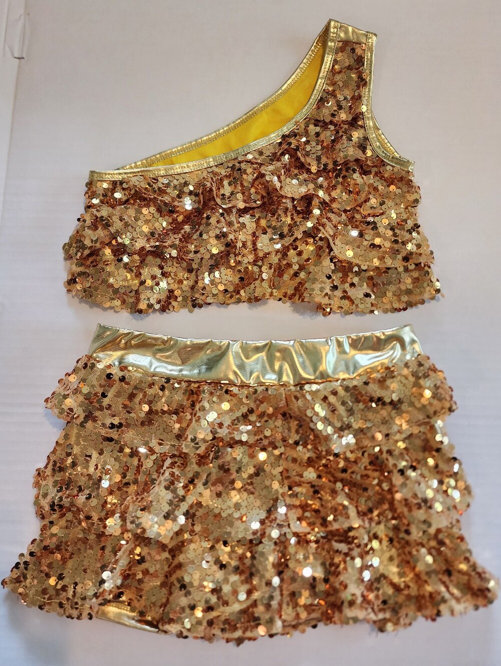 Girls Gold Sequin One-Shoulder Top & Skirt